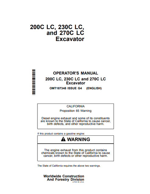 John Deere 200C 230C 270C LC Excavator Operator Manual OMT187348