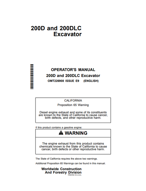 John Deere 200D & 200DLC Excavator Operator Manual OMT226908