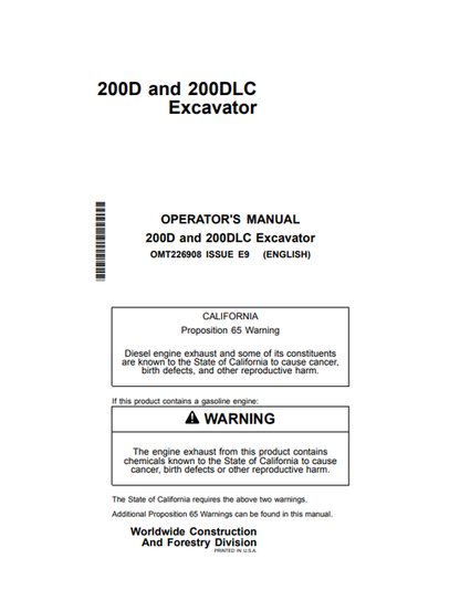 John Deere 200D & 200DLC Excavator Operator Manual OMT226908