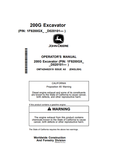 John Deere 200G Excavator Operator Manual OMT429492X19 PDF