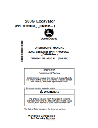 John Deere 200G Excavator Operator Manual OMT429492X19 PDF