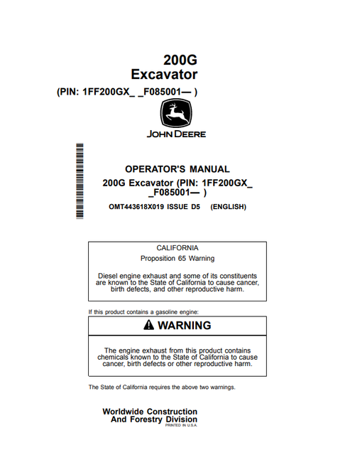 John Deere 200G Excavator Operator Manual OMT443618X019