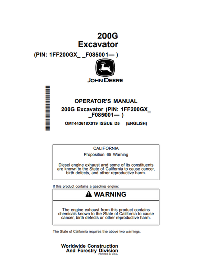 John Deere 200G Excavator Operator Manual OMT443618X019