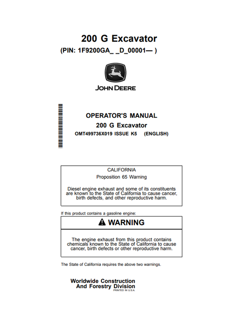 John Deere 200 G Excavator Operator & Maintenance Manual OMT499736X019