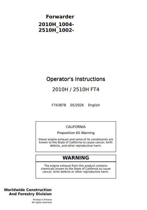 John Deere 2010H & 2510H FT4 Forwarder Operator Manual F743878