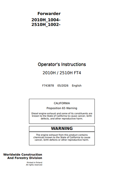 John Deere 2010H & 2510H FT4 Forwarder Operator Manual F743878