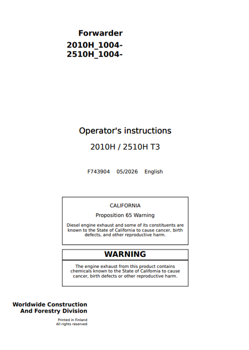 John Deere 2010H 2510H T3 Forwarder Operator Manual F743904