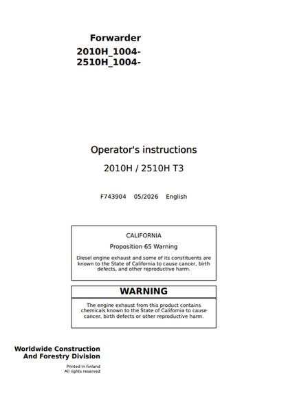 John Deere 2010H 2510H T3 Forwarder Operator Manual F743904
