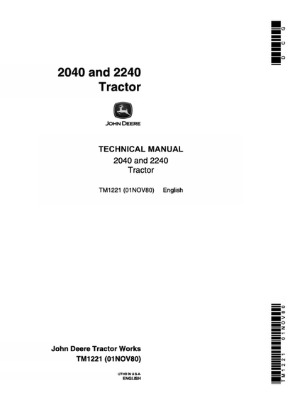 John Deere 2040 2240 Tractor Technical Manual TM1221
