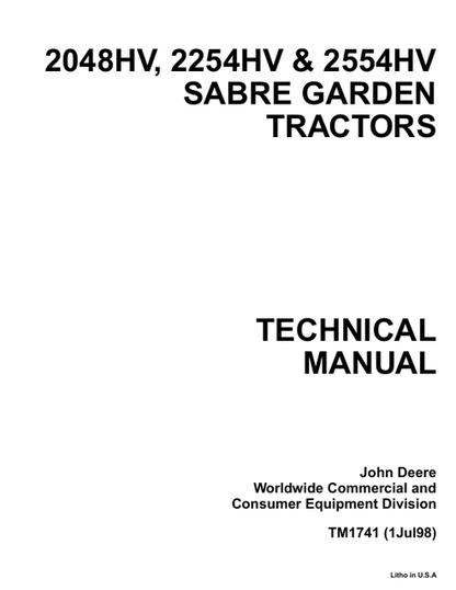 John Deere 2048HV 2254HV 2554HV Sabre Garden Tractor Manual TM1741