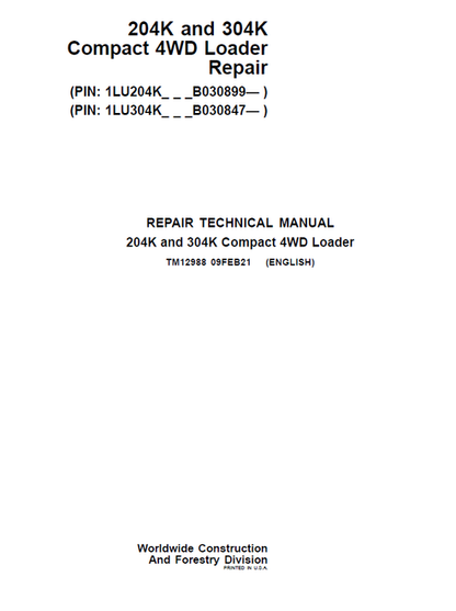 John Deere 204K & 304K Compact Loader IT4 Repair Manual TM12988