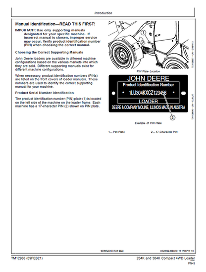John Deere 204K & 304K IT4 Engine Compact Loader Repair Manual