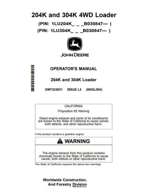 John Deere 204K & 304K Loader Operator Manual PDF OMT333031