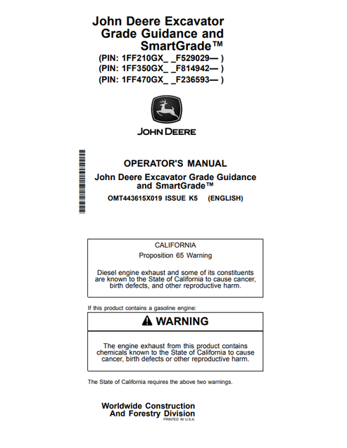 John Deere 210GLC 350GLC 470GLC SmartGrade Operator Manual OMT443615X019