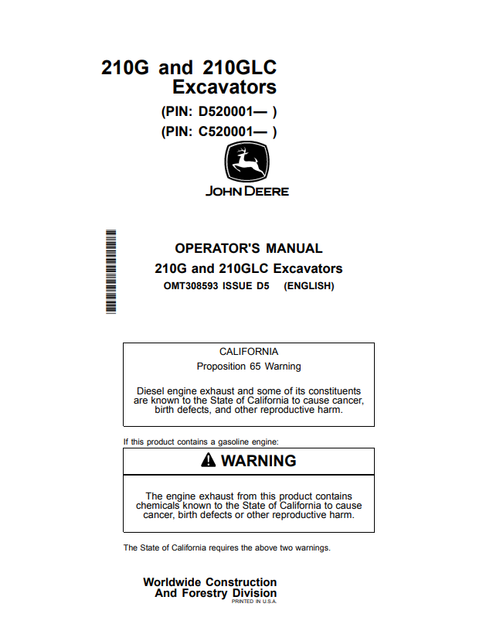 John Deere 210G & 210GLC Excavator Operator Manual 