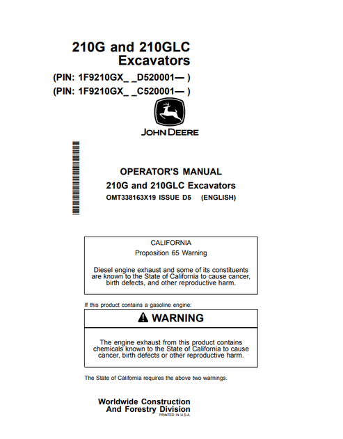 John Deere 210G & 210GLC Excavator Operator Manual OMT338163X19