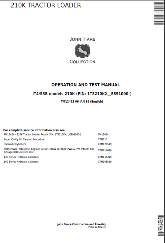 John Deere 210K TRACTOR LOADER Operation and Test Manual TM12423 PDF