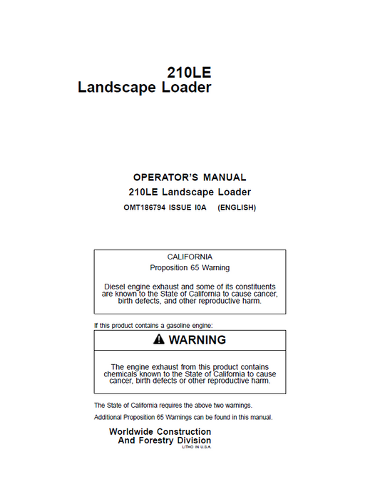 John Deere 210LE Landscape Loader Operator Manual OMT186794 PDF