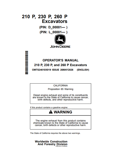 John Deere 210 P 230 P 260 P Excavator Operator Manual PDF OMT524610X019