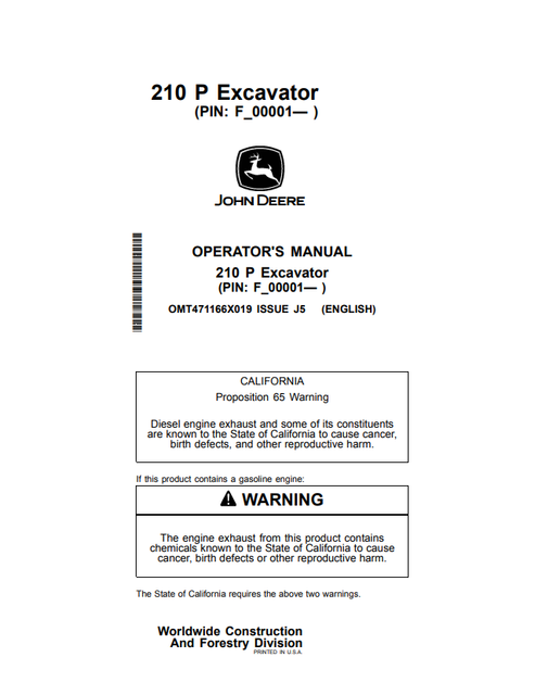 John Deere 210 P Excavator Operator & Maintenance Manual OMT471166X019