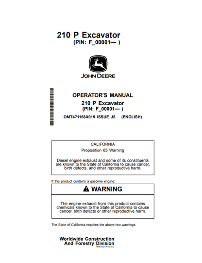 John Deere 210 P Excavator Operator & Maintenance Manual OMT471166X019