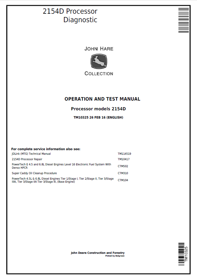 John Deere 2154D Processor Operation and Test Manual TM10325 PDF