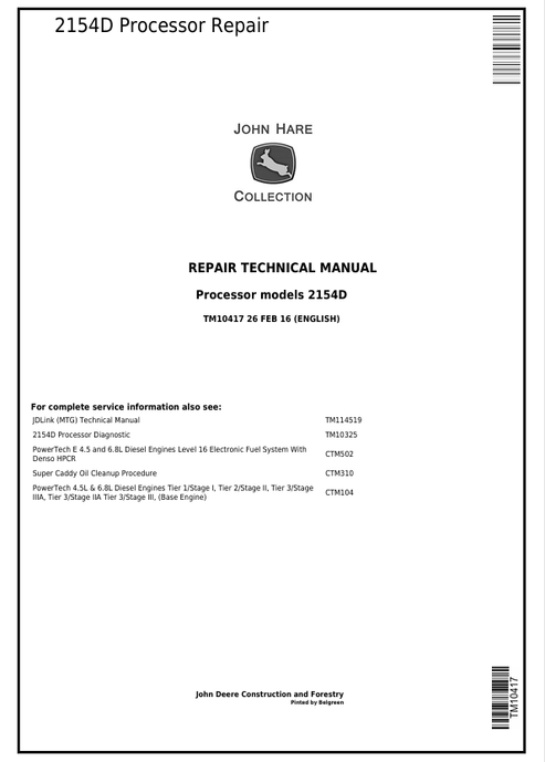John Deere 2154D Processor Repair Technical Manual TM10417
