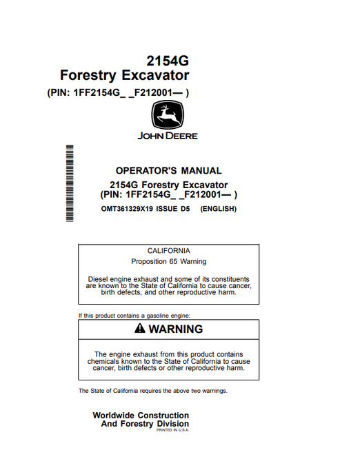 John Deere 2154G Forestry Excavator Operator Manual OMT361329X19