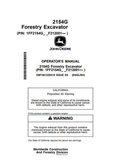 John Deere 2154G Forestry Excavator Operator Manual OMT361329X19