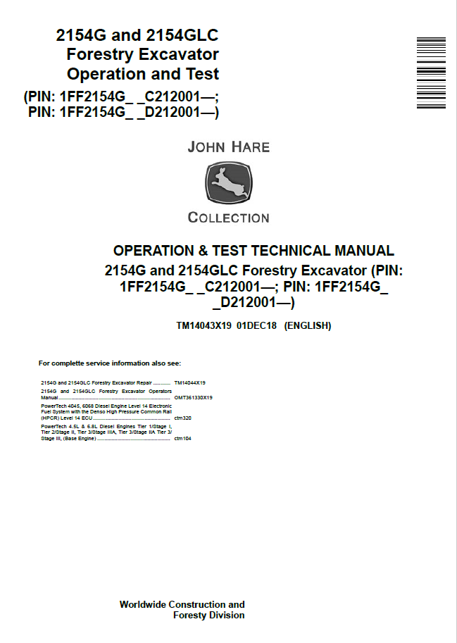 John Deere 2154G and 2154GLC Forestry Excavator Operation and Test Technical Manual TM14043X19 PDF 