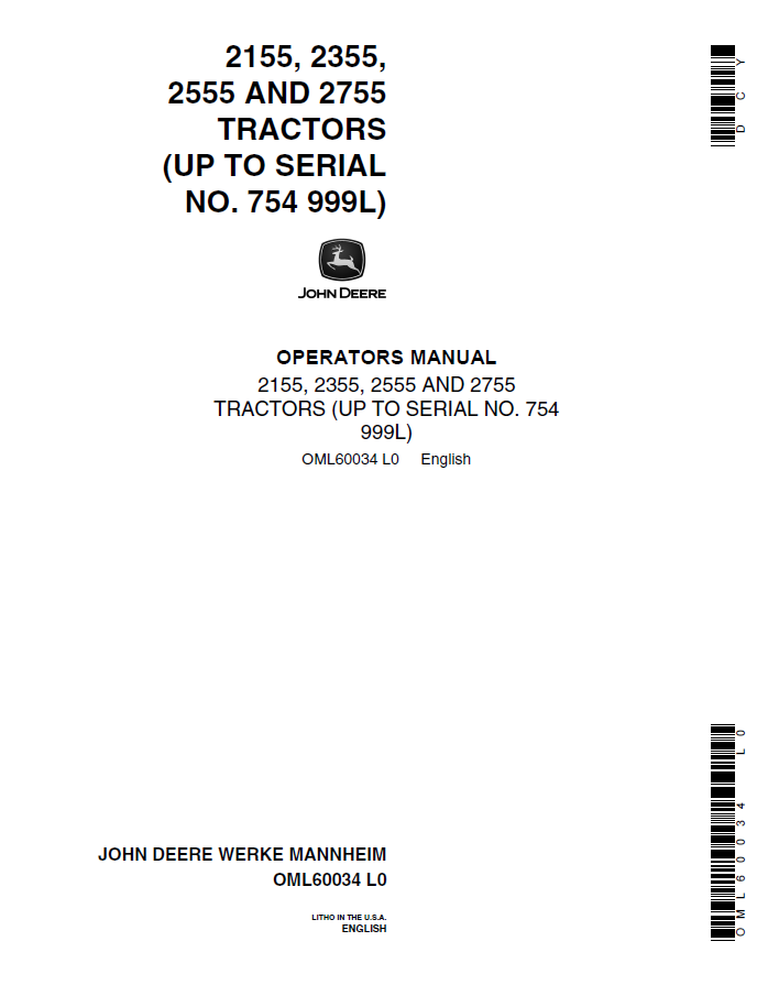 John Deere 2155, 2355, 2555 AND 2755 Tractors Operator Manual OML60034 PDF