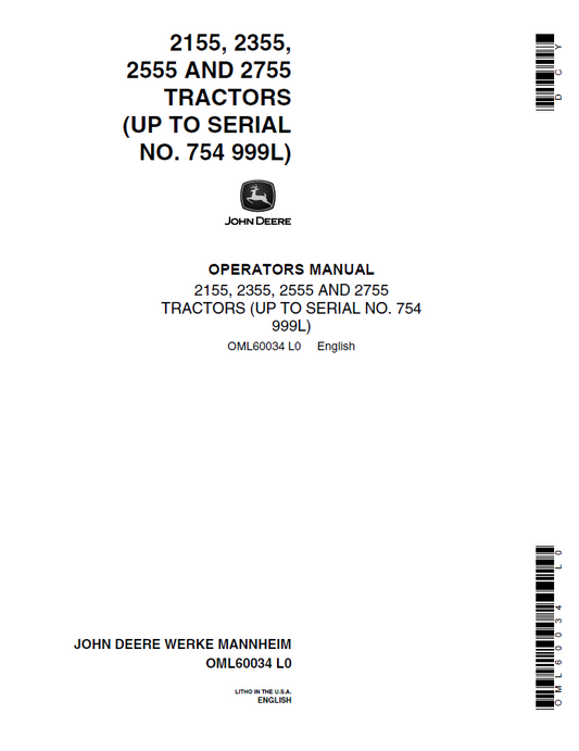 John Deere 2155, 2355, 2555 AND 2755 Tractors Operator Manual OML60034 PDF