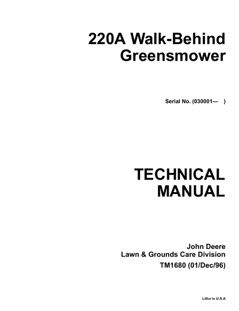 John Deere 220A Walk-Behind Green Mower Technical Manual PDF