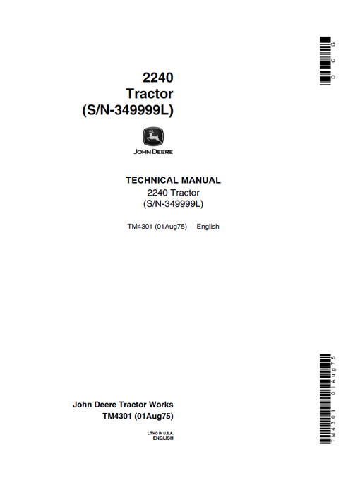 John Deere 2240 Tractor Technical Service Manual TM4301 PDF