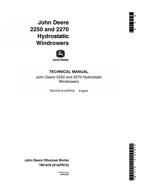 John Deere 2250 2270 Hydrostatic Windrower Technical Manual TM1078