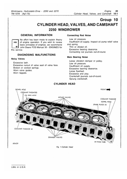 John Deere 2250 2270 Windrower Repair & Maintenance Manual TM1078
