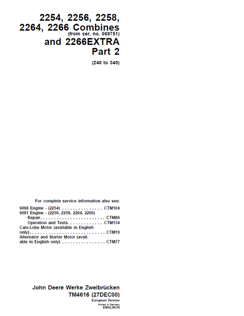John Deere 2254-2266 Combine Part 2 Technical Manual TM4616