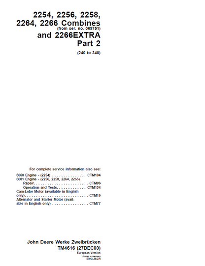 John Deere 2254-2266 Combine Part 2 Technical Manual TM4616