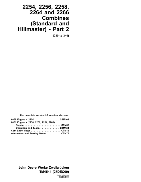 John Deere 2254, 2256, 2258, 2264 & 2266 Combine Technical Manual TM4544