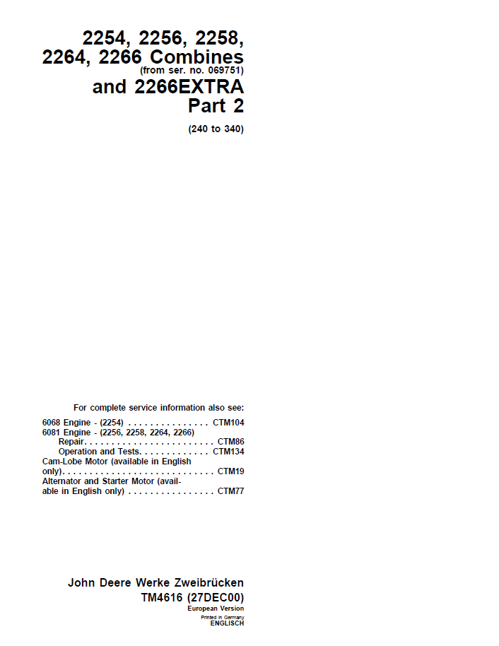 John Deere 2254, 2256, 2258, 2264, 2266 Combines and 2266EXTRA Technical Manual TM4616 PDF
