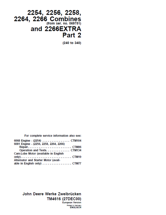 John Deere 2254, 2256, 2258, 2264, 2266 Combines and 2266EXTRA Technical Manual TM4616 PDF