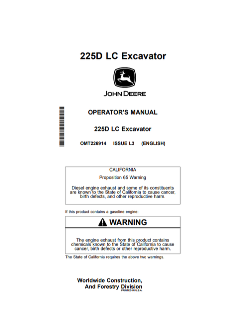 John Deere 225D LC Excavator Operator Manual OMT226914