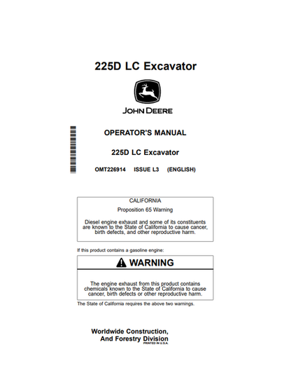 John Deere 225D LC Excavator Operator Manual OMT226914