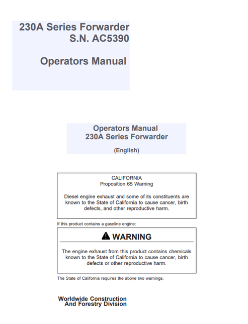 John Deere 230A Series Forwarder Operator Manual AC5390 PDF
