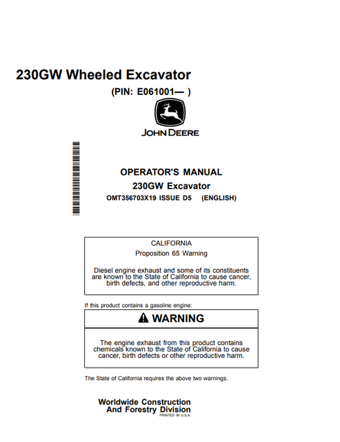 John Deere 230GW Excavator Operator Manual OMT356703X19