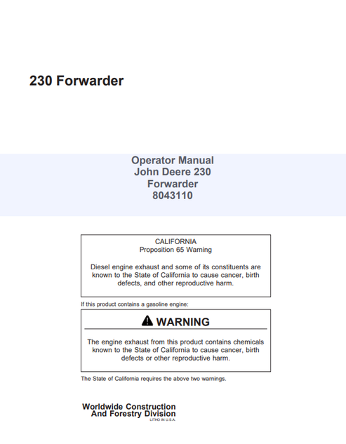 John Deere 230 Forwarder Operator Manual 8043110 PDF