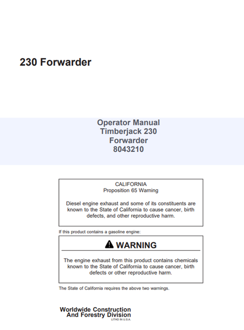 John Deere 230 Forwarder Operator Manual 8043210 PDF