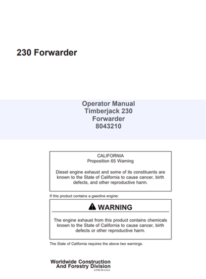 John Deere 230 Forwarder Operator Manual 8043210 PDF