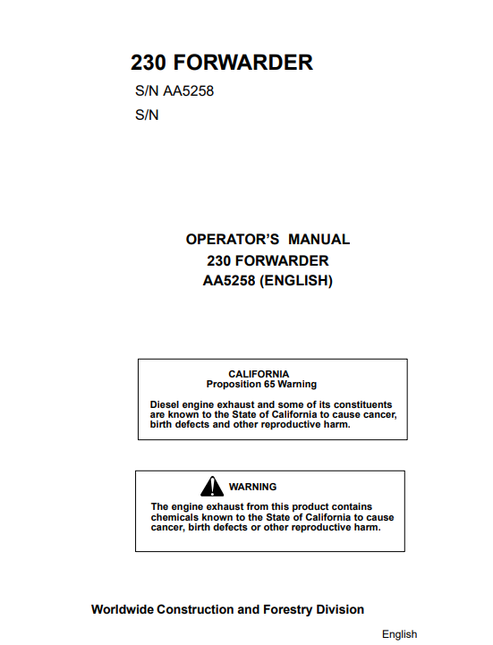 John Deere 230 Forwarder Operator Manual AA5258 PDF
