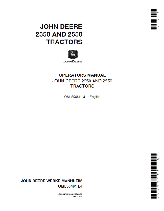 John Deere 2350 and 2550 Tractor Operator Manual OML55481 PDF